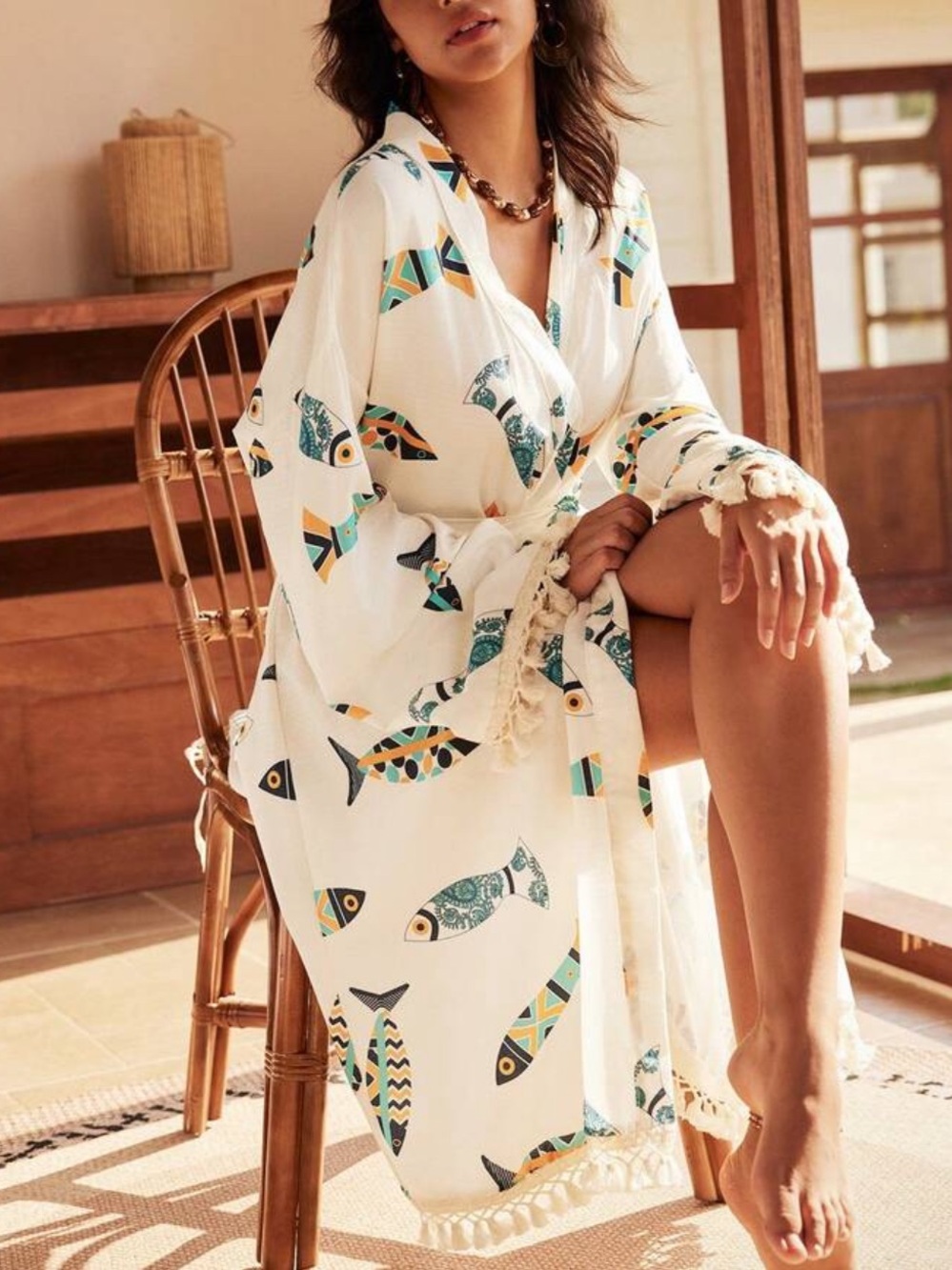 Boho Fish-Print Beach Cover Up Kimono Cover Up